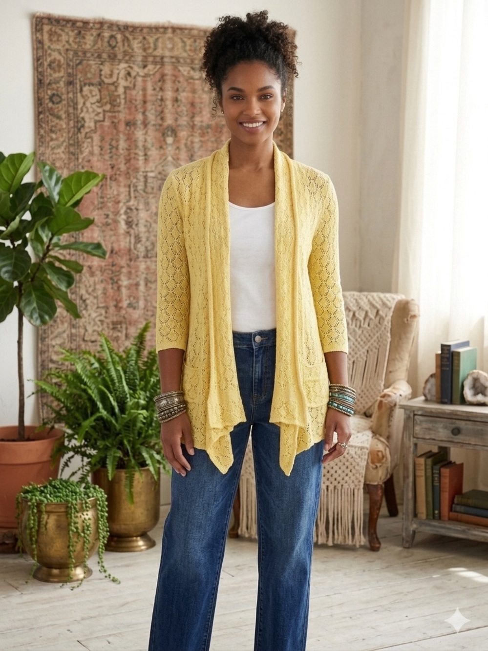Lightweight Yellow open knit pointelle Cardigan 100% cotton boho cottage core
